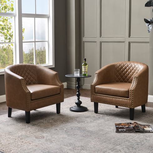 Louis Faux Leather Tufted Club Chair - Camel Accent Chair | Decorative Accent Chairs | Kinwell Furniture | Modern Club Chairs | Barrel Club Chair | Nailhead Trim Chair | Contemporary Faux Leather Chair | Elegant Camel Chair