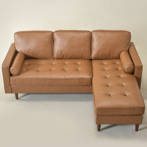 Tiziano Tufted 2-Piece Sectional Sofa – Camel Faux Leather Reversible Chaise Couch with Accent Pillows | Mid-Century Modern L-Shaped Sofa | Kinwell Furniture