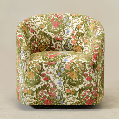 Susie Botanical Jacquard Swivel Barrel Chair - Botanical Jacquard Accent Chair | Modern Swivel Accent Chair | Upholstered Swivel Armchair | Kinwell Furniture | 360 Degree Swivel Barrel Chair | Floral Jacquard Armchair | Living Room Accent Chairs | Luxury Statement Chair