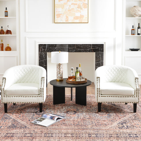 Louis Faux Leather Tufted Club Chair - White Accent Chair | Decorative Accent Chairs | Kinwell Furniture | Modern Club Chairs | Barrel Club Chair | Nailhead Trim Chair | Contemporary Faux Leather Chair | Elegant White Chair
