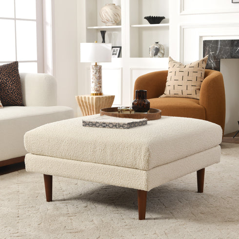 Albert Linen Blend Ottoman – Footrest & Pouf | Living Room Accent Seat | Kinwell Furniture | Contemporary Ottoman | Cream