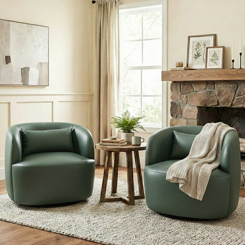 Ashlie Faux Leather Swivel Chair - Green Faux Leather Swivel Chair | Modern Barrel Chairs | Kinwell Furniture | Swivel Accent Chairs