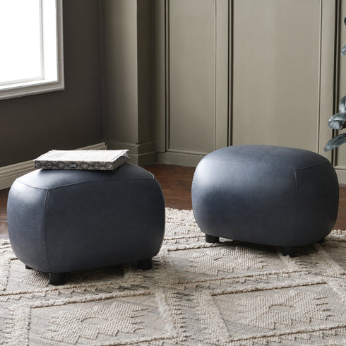 Elmer Faux Leather Ottoman – Round Navy Ottoman | Decorative Ottoman | Kinwell Furniture | Modern Faux Leather Furniture