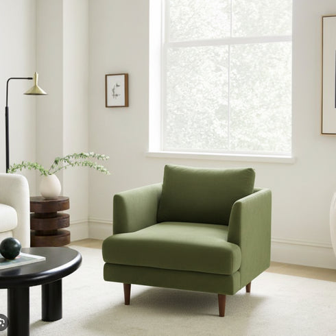 Upholstered Armchair – Green Square Arm Accent Chair | Performance Fabric Armchair | Kinwell Furniture | Scandinavian, Timeless Design