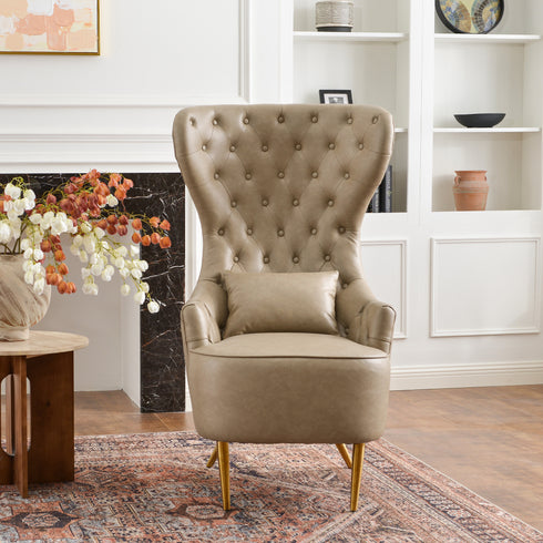 Letitia Faux Leather Wingback Chair - Khaki Accent Chair | Decorative Faux Leather Chairs | Kinwell Furniture | Modern Wingback Accent Chairs