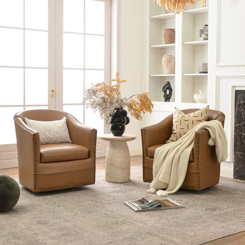 Lawton Faux Leather Tufted Swivel Chair – Camel Industrial Modern Swivel Chair | Faux Leather Office & Lounge Chair | Kinwell Furniture | High Back Chair