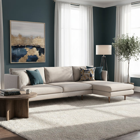 Samuel Tapered Arm Two-Piece Sectional – Linen Gray Modular Chaise Sectional Sofa | 3-Seater Couch | Kinwell Furniture | Mid-Century Modern, Sleek Look