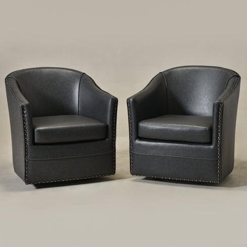 Lawton Faux Leather Tufted Swivel Chair – Black Industrial Modern Swivel Chair | Faux Leather Office & Lounge Chair | Kinwell Furniture | High Back Chair