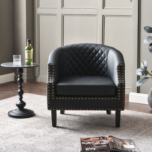 Louis Faux Leather Tufted Club Chair - Black Accent Chair | Decorative Accent Chairs | Kinwell Furniture | Modern Club Chairs | Barrel Club Chair | Nailhead Trim Chair | Contemporary Faux Leather Chair | Elegant Black Chair