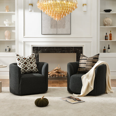 Wilton Bouclé Swivel Barrel Chair - Black Petal Back Modern Swivel Chair | Swivel Accent Chairs | Kinwell Furniture | Swivel Armchairs