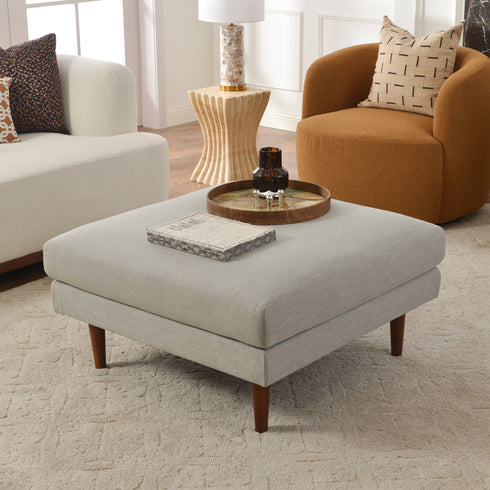 Albert Linen Blend Ottoman – Footrest & Pouf | Living Room Accent Seat | Kinwell Furniture | Contemporary Ottoman | Light Gray