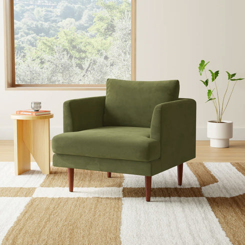 Upholstered Armchair – Green Square Arm Accent Chair | Performance Fabric Armchair | Kinwell Furniture | Scandinavian, Timeless Design