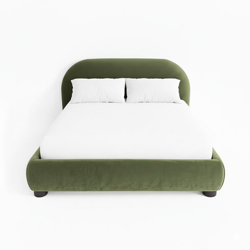 Harriet Velvet Bed Frame with Headboard – Olive Green Upholstered Platform Bed | Queen Size | Kinwell Furniture