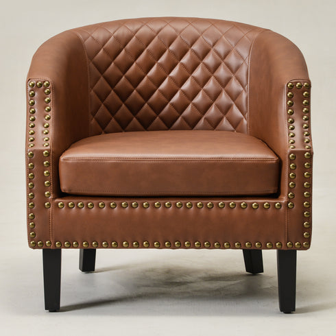Louis Faux Leather Tufted Club Chair - Brown Accent Chair | Decorative Accent Chairs | Kinwell Furniture | Modern Club Chairs | Barrel Club Chair | Nailhead Trim Chair | Contemporary Faux Leather Chair | Elegant Brown Chair