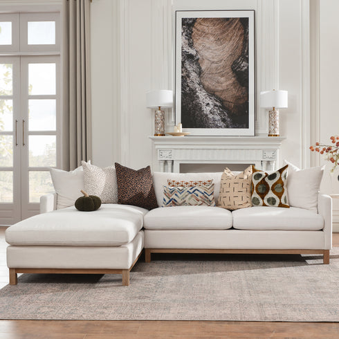 Cream Goose Down Sectional Sofa | L-Shape Down Filled Sectional with Chaise | Cream Upholstered Sectional Sofa | Modern Cream Sectional Couch | Soft Down Sectional Sofa