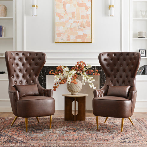 Letitia Faux Leather Wingback Chair - Brown Accent Chair | Decorative Faux Leather Chairs | Kinwell Furniture | Modern Wingback Accent Chairs