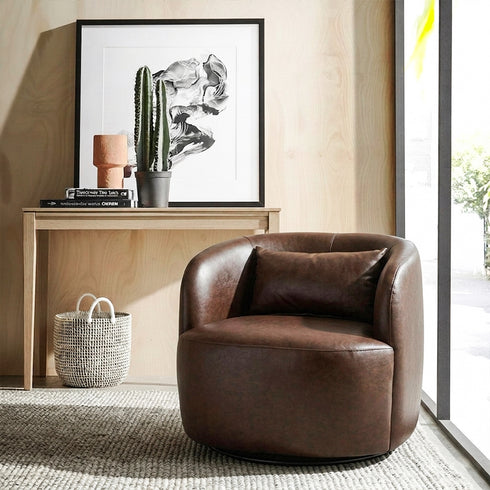 Ashlie Faux Leather Swivel Chair - Brown Modern Swivel Chair | Swivel Accent Chairs | Kinwell Furniture | Swivel Armchairs