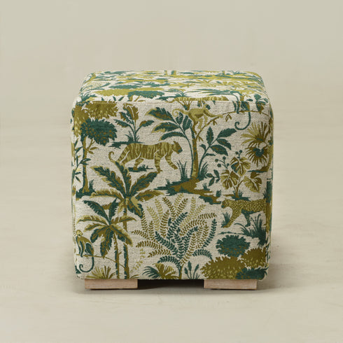 Jungle Animal Print Embroidered Fabric Square Ottoman | Embroidered Fabric Footstool | Modern Decorative Accent | Upholstered Accent Seating | Living Room Furniture | Statement Fabric Design | Kinwell Furniture