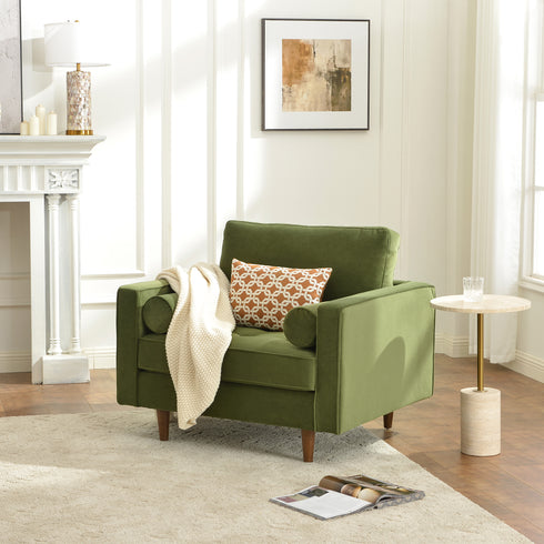 Tiziano Tufted Armchair – Green Velvet Accent Chair with Pillows | Mid-Century Lounge Chair | Kinwell Furniture