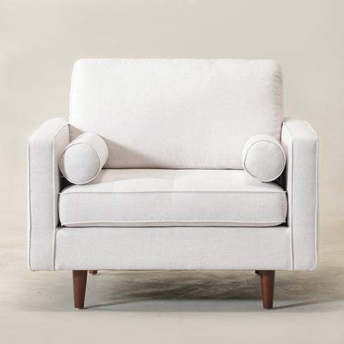 Tiziano Tufted Armchair – Ivory Linen Accent Chair with Pillows | Mid-Century Lounge Chair | Kinwell Furniture