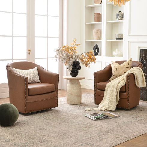 Lawton Faux Leather Tufted Swivel Chair – Brown Industrial Modern Swivel Chair | Faux Leather Office & Lounge Chair | Kinwell Furniture | High Back Chair