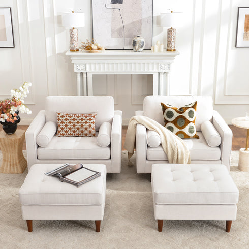 Tiziano Tufted Ottoman – Linen Rectangular Footrest & Accent Seat | Mid-Century Upholstered Pouf | Ivory Ottoman