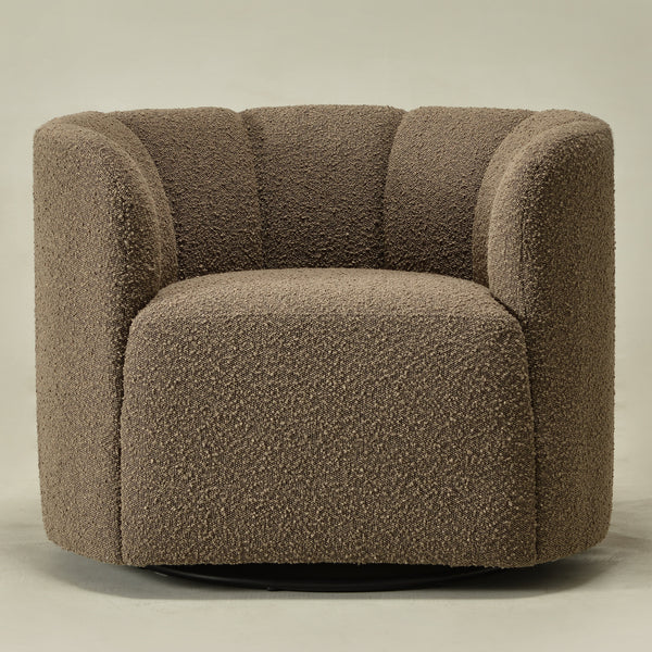 Wilton Bouclé Swivel Barrel Chair - Teddy Brown Petal Back Modern Swivel Chair | Swivel Accent Chairs | Kinwell Furniture | Swivel Armchairs