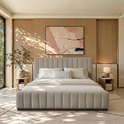 Agnes Linen Platform Bed - Beige / Gray Upholstered Bed | Queen & King Platform Beds | Kinwell Furniture | Modern Linen Bed Frames