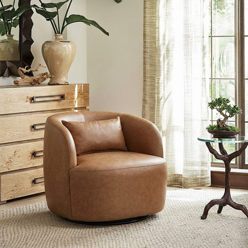Ashlie Faux Leather Swivel Chair - Camel Modern Swivel Chair | Faux Leather Armchairs | Kinwell Furniture | Swivel Accent Chairs