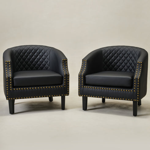 Louis Faux Leather Tufted Club Chair - Black Accent Chair | Decorative Accent Chairs | Kinwell Furniture | Modern Club Chairs | Barrel Club Chair | Nailhead Trim Chair | Contemporary Faux Leather Chair | Elegant Black Chair