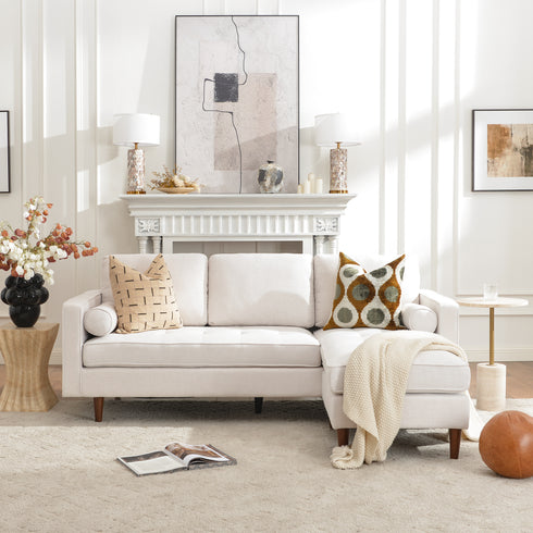 Tiziano Tufted 2-Piece Sectional Sofa – Ivory Linen Reversible Chaise Couch with Accent Pillows | Mid-Century Modern L-Shaped Sofa | Kinwell Furniture