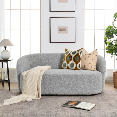 Everitte Bouclé Loveseat Sofa & Swivel Barrel Chair Set | Modern Fabric Loveseat Couch & Accent Swivel Chair | Kinwell Furniture | Comfortable Loveseat Sofa & Swivel Armchair Combo | Modern Living Room Furniture Set