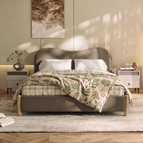 Dorothy Linen Platform Bed with Headboard – Teddy Brown Modern Upholstered Queen Bed Frame | Platform Beds | Kinwell Furniture | Bedroom Bed Frame