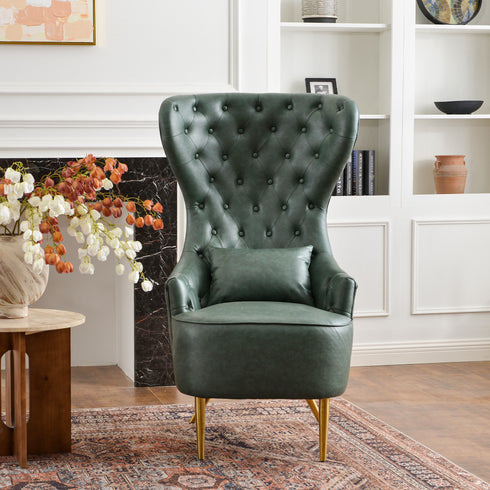 Letitia Faux Leather Wingback Chair - Green Accent Chair | Decorative Faux Leather Chairs | Kinwell Furniture | Modern Wingback Accent Chairs