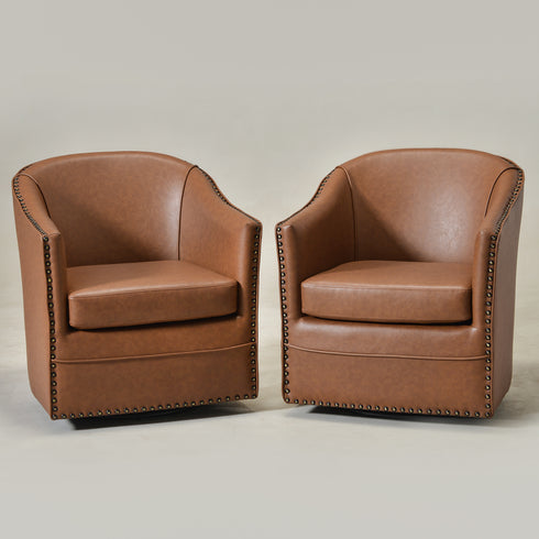 Lawton Faux Leather Tufted Swivel Chair – Brown Industrial Modern Swivel Chair | Faux Leather Office & Lounge Chair | Kinwell Furniture | High Back Chair