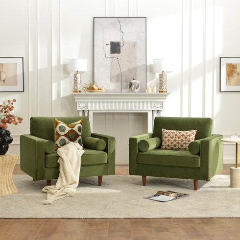 Tiziano Tufted Armchair – Green Velvet Accent Chair with Pillows | Mid-Century Lounge Chair | Kinwell Furniture
