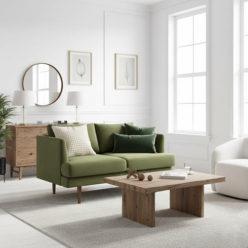 Green Upholstered Loveseat – Albert Loveseat Sofa | 2-Seater Couch | Kinwell Furniture | Mid-Century Modern, Timeless Design