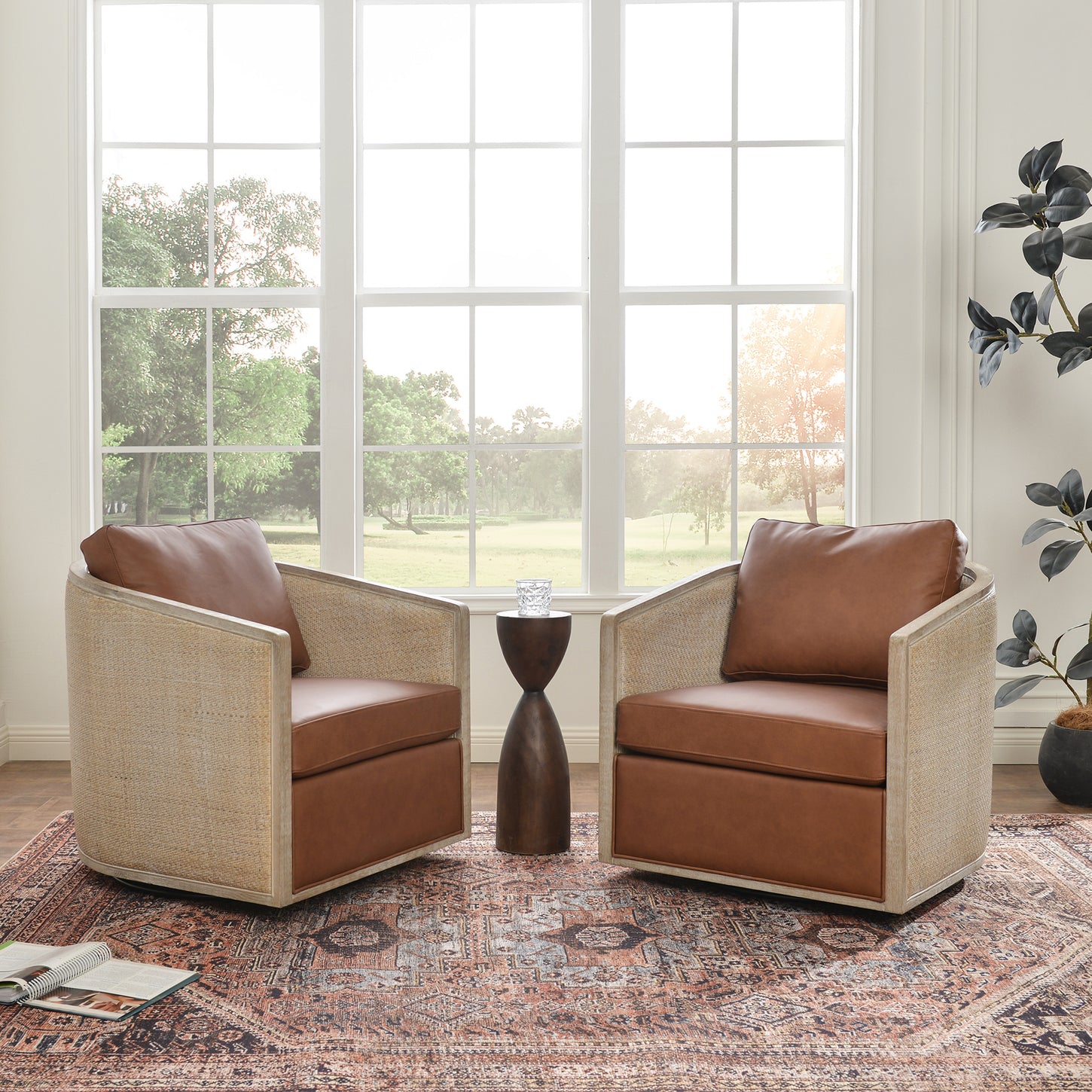 Claude Premium Leather Swivel Cane Chair - Brown Modern Swivel Chair | Swivel Accent Chairs | Kinwell Furniture | Swivel Armchairs