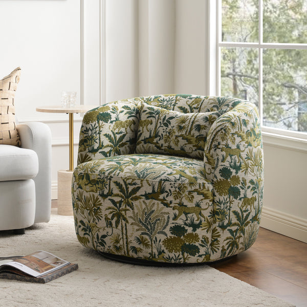 Ashlie Embroidered Fabric Swivel Chair - Jungle Animal Print Swivel Chair | Modern Swivel Accent Chair | Upholstered Swivel Armchair | Kinwell Furniture | 360 Degree Swivel Barrel Chair | Embroidered Fabric Armchair | Living Room Accent Chairs | Statement Swivel Chair