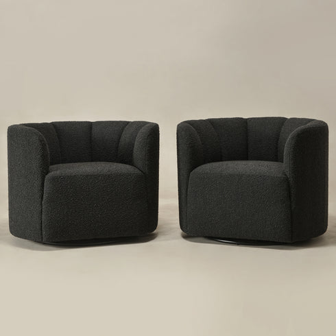 Wilton Bouclé Swivel Barrel Chair - Black Petal Back Modern Swivel Chair | Swivel Accent Chairs | Kinwell Furniture | Swivel Armchairs