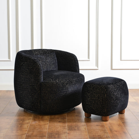 Ashlie Sculpted Jacquard Swivel Barrel Chair - Black & Gold Jacquard Swivel Chair | Sculpted Barrel Accent Chair | Modern Swivel Accent Chair | Upholstered Swivel Armchair | Kinwell Furniture | 360 Degree Swivel Barrel Chair | Embossed Jacquard Accent Chair | Living Room Accent Chairs | Luxury Statement Chair