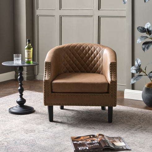 Louis Faux Leather Tufted Club Chair - Camel Accent Chair | Decorative Accent Chairs | Kinwell Furniture | Modern Club Chairs | Barrel Club Chair | Nailhead Trim Chair | Contemporary Faux Leather Chair | Elegant Camel Chair