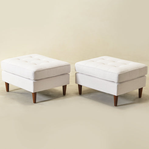 Tiziano Tufted Ottoman – Linen Rectangular Footrest & Accent Seat | Mid-Century Upholstered Pouf | Ivory Ottoman