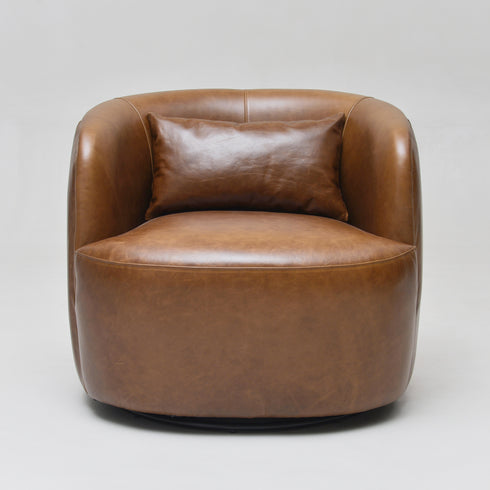 Ashlie Leather Swivel Barrel Chair - Brown Modern Swivel Chair | Swivel Accent Chairs | Kinwell Furniture | Swivel Armchairs