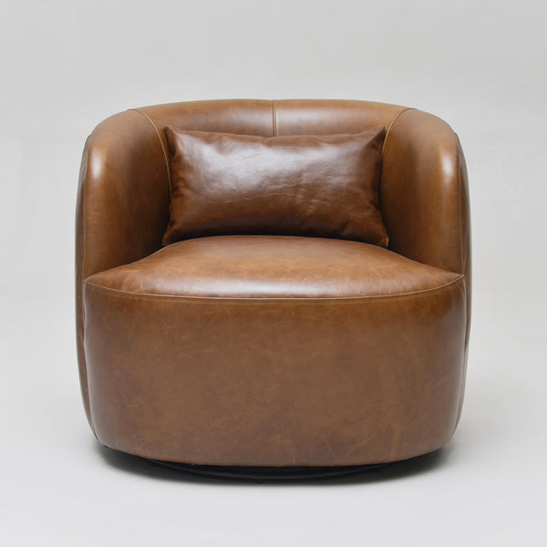 Ashlie Leather Swivel Barrel Chair - Brown Modern Swivel Chair | Swivel Accent Chairs | Kinwell Furniture | Swivel Armchairs