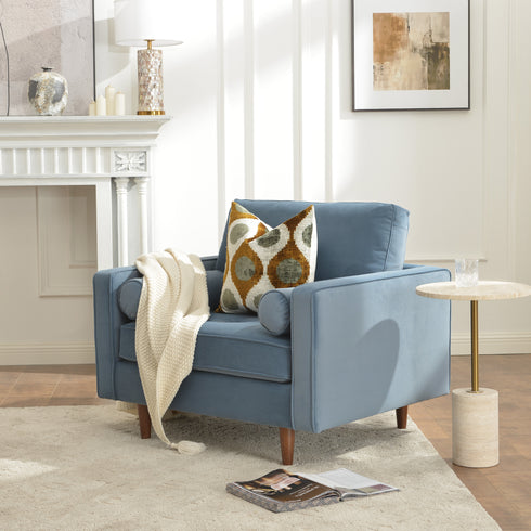 Tiziano Tufted Armchair – Blue Velvet Accent Chair with Pillows | Mid-Century Lounge Chair | Kinwell Furniture