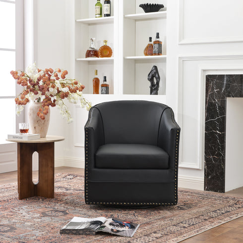 Lawton Faux Leather Tufted Swivel Chair – Black Industrial Modern Swivel Chair | Faux Leather Office & Lounge Chair | Kinwell Furniture | High Back Chair