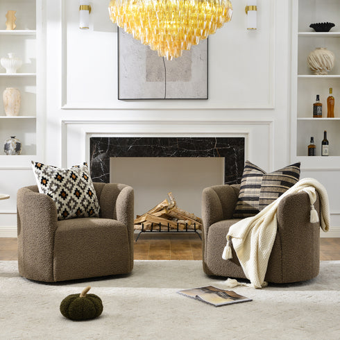 Wilton Bouclé Swivel Barrel Chair - Teddy Brown Petal Back Modern Swivel Chair | Swivel Accent Chairs | Kinwell Furniture | Swivel Armchairs
