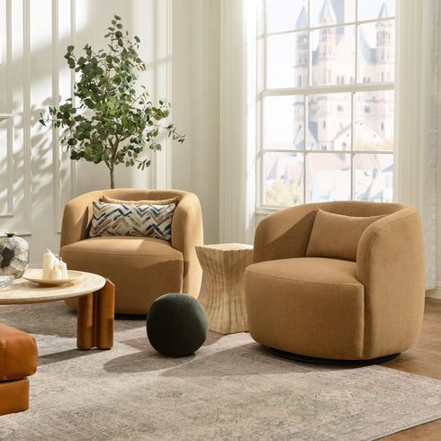 Ashlie Chenille Swivel Barrel Chair - Brown Modern Swivel Chair | Swivel Accent Chairs | Kinwell Furniture | Swivel Armchairs