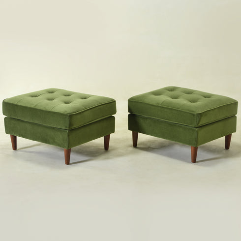 Tiziano Tufted Ottoman – Velvet Rectangular Footrest & Accent Seat | Mid-Century Upholstered Pouf | Green Ottoman